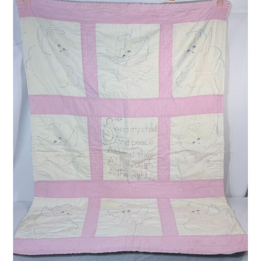 VTG Child Baby Crib Quilt Handmade Angel Pink Girl Sleep My Child Cottage Cherub